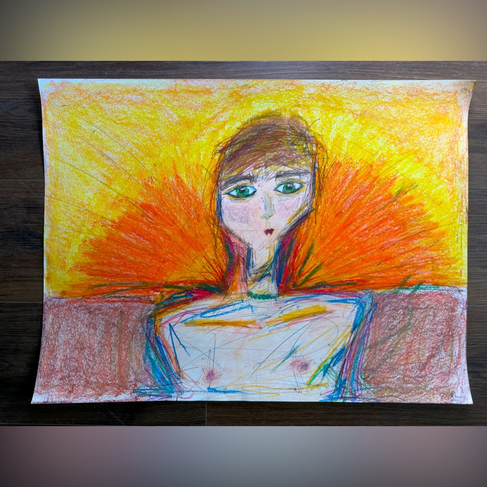 “Disheveled” oil pastel, pen, colored pencil drawing, 18x24”